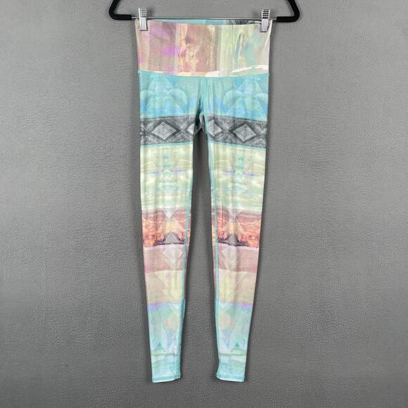 Teeki Leggings Womens XS Multi Pastel Feather Print Yoga Pants High Rise Stretch - Picture 1 of 6